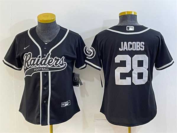 Womens Las Vegas Raiders #28 Josh Jacobs Black With Patch Cool Base Stitched Baseball Jersey->women nfl jersey->Women Jersey